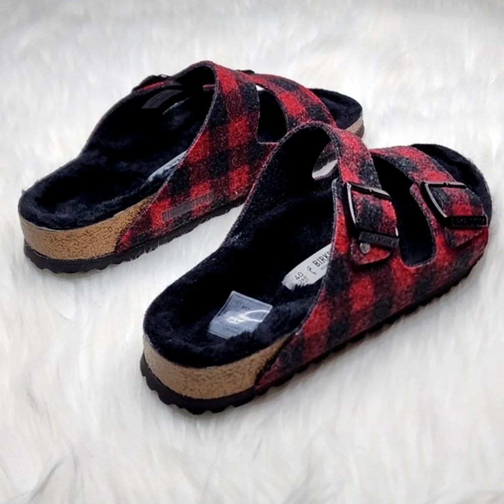 Birkenstock Arizona Wool Shearling Sandal Plaid Red